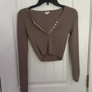 Garage Ribbed Button-Detail Long Sleeve Top in Brown
